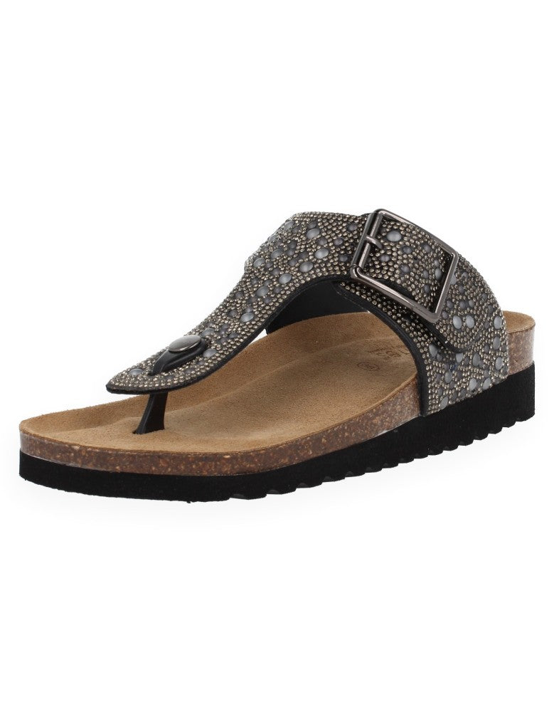 SANDALIA GEMMA NEGRO FLIP-FLOP - D'Torres®, PEDRERIA CON PLANTA ANATÓMICA ACOLCHADA.