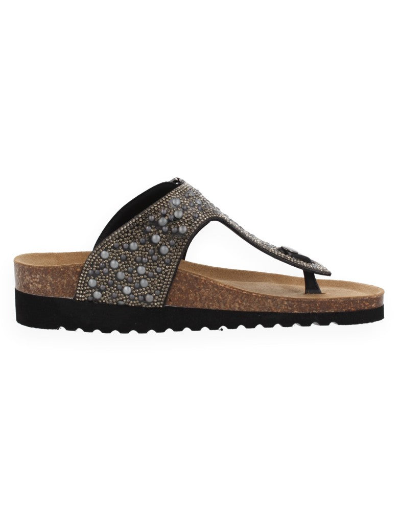 SANDALIA GEMMA NEGRO FLIP-FLOP - D'Torres®, PEDRERIA CON PLANTA ANATÓMICA ACOLCHADA.