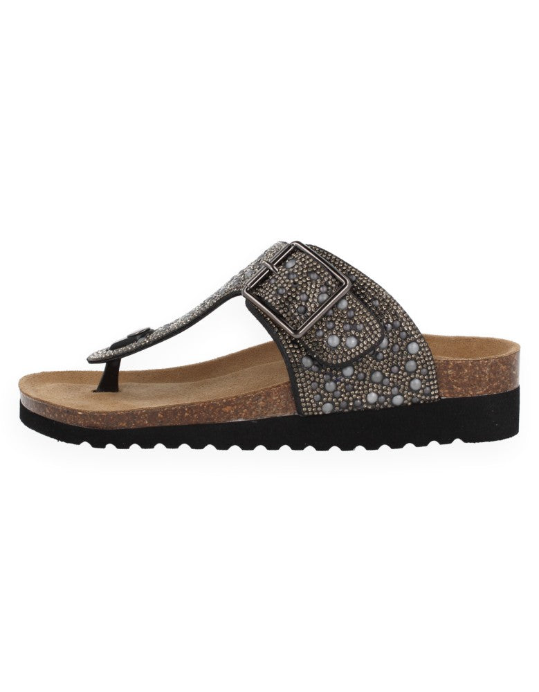 SANDALIA GEMMA NEGRO FLIP-FLOP - D'Torres®, PEDRERIA CON PLANTA ANATÓMICA ACOLCHADA.
