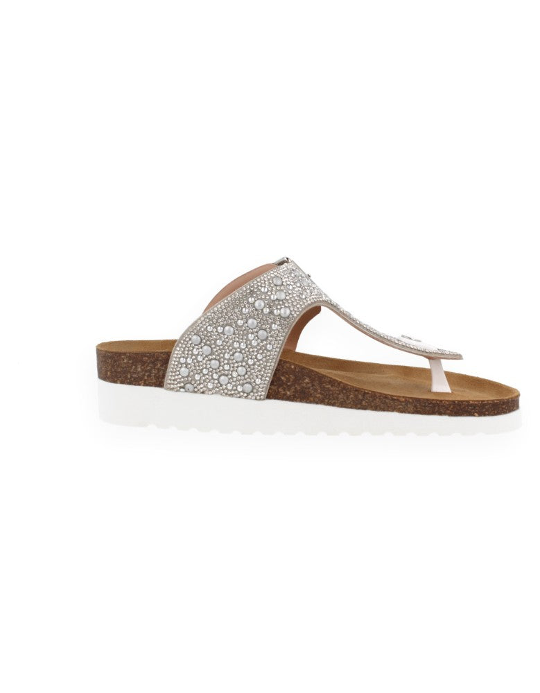 SANDALIA GEMMA PLATA FLIP-FLOP - D'Torres®, PEDRERIA CON PLANTA ANATÓMICA ACOLCHADA.