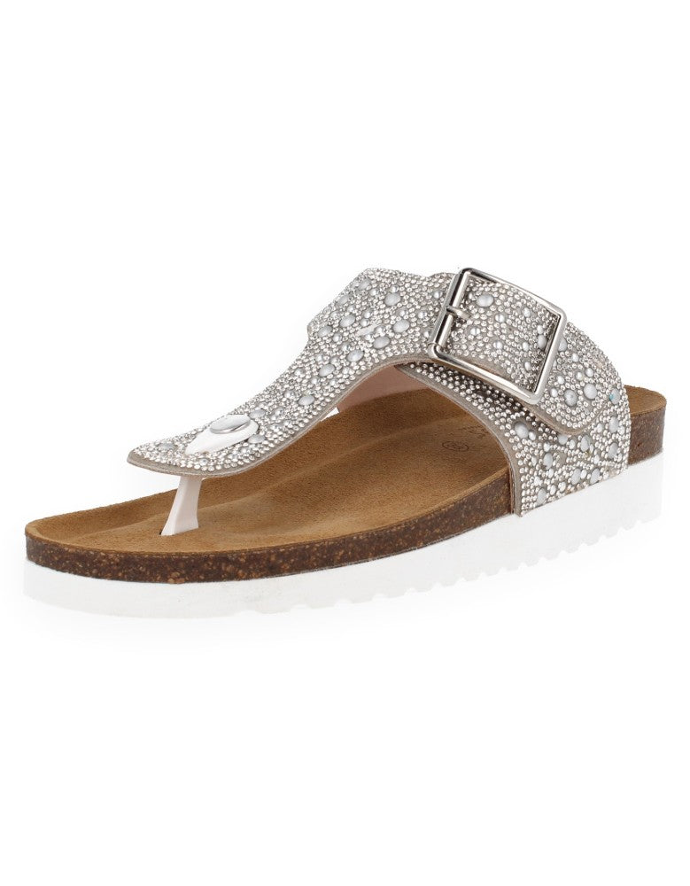 SANDALIA GEMMA PLATA FLIP-FLOP - D'Torres®, PEDRERIA CON PLANTA ANATÓMICA ACOLCHADA.